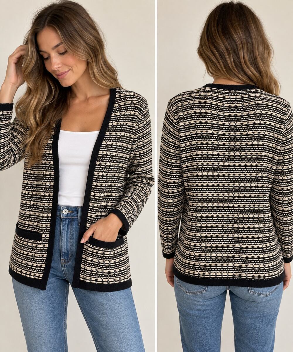 Merona Black Cream Textured Knit Open Front Cardigan Sweater M